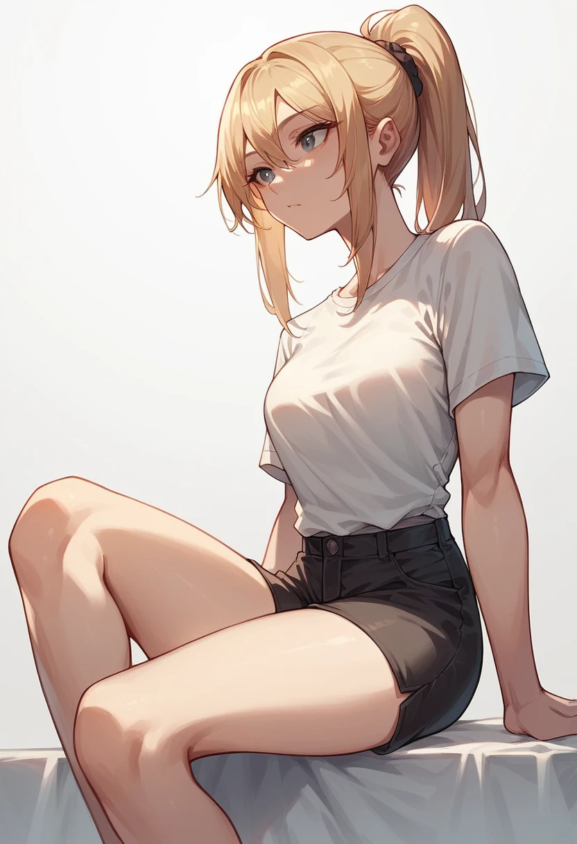 1girl, white T-shirt, black shorts, sexy body, Ponytail, front angle, sit flat, White background