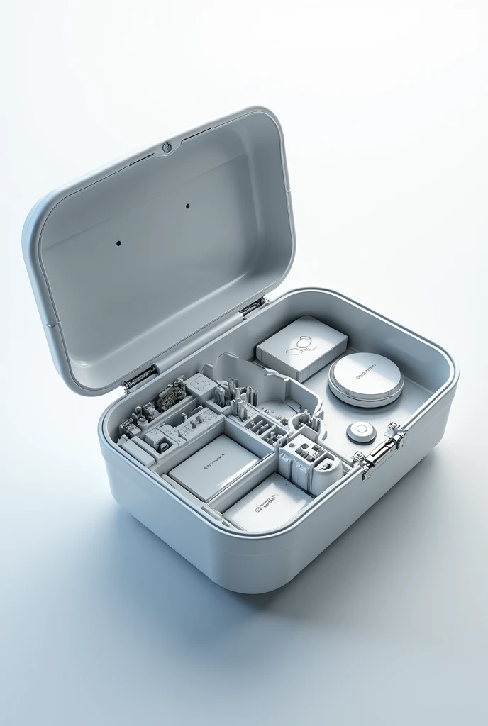 a self-cleaning cosmetic case, showing all its parts.