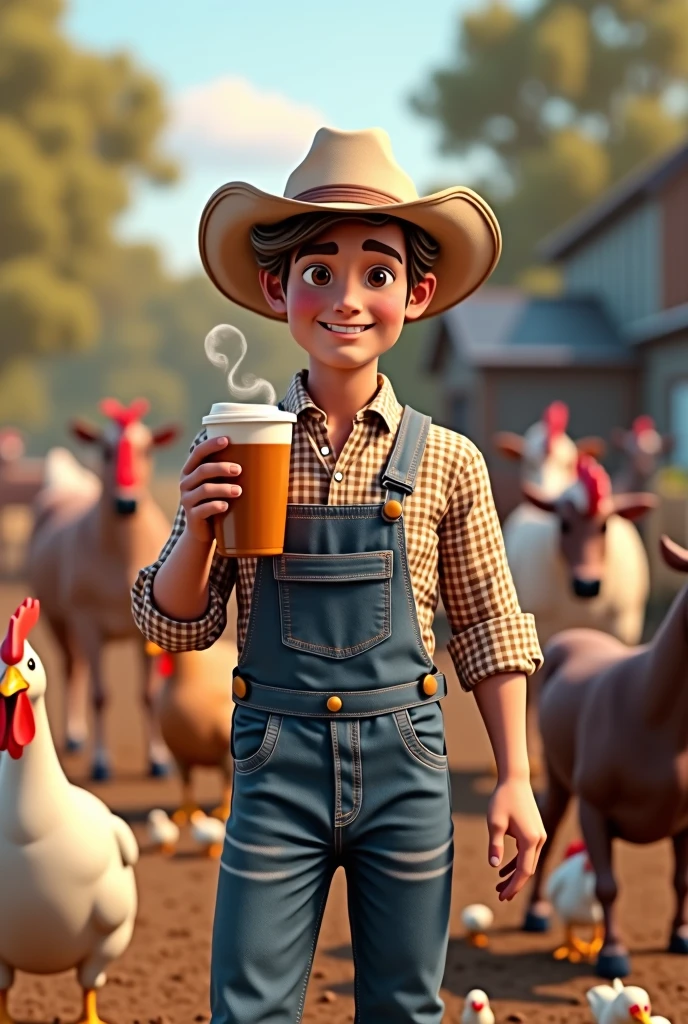 A farmer drinks  , Light brown bun hair, brown dark eyes, light colored cowboy hat, blue jenas dungarees, checkered shirt, working with cows , horses, chickens, ducks, chicks 3d hd image