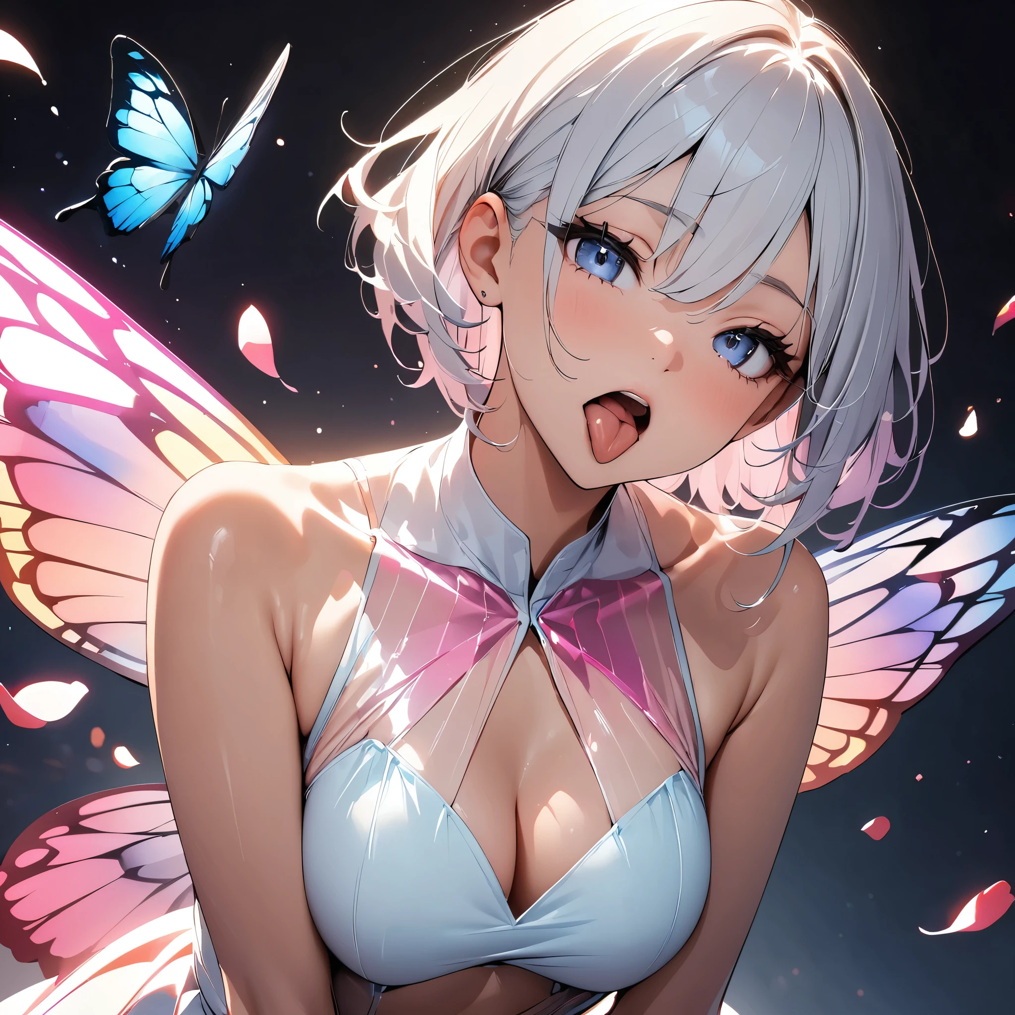official art, best quality, ultra-detailed, high resolution, unity 8k wallpaper, extremely detailed CG, white skin, Cute girl, short hair, bob cut hair, silver hair, antenna hair, oily hair, oily skin, close eyes, medium breasts, , short torso, White side-tie panties and garter belt, topless, open chest, nude, magical girl, (((cry and fear, despair, excessive cum on Whole Hair, excessive cum on facial, excessive cum all over girl's hair, excessive cum on body, cum stained body))), Inside the abandoned house, black smoke, bokeh