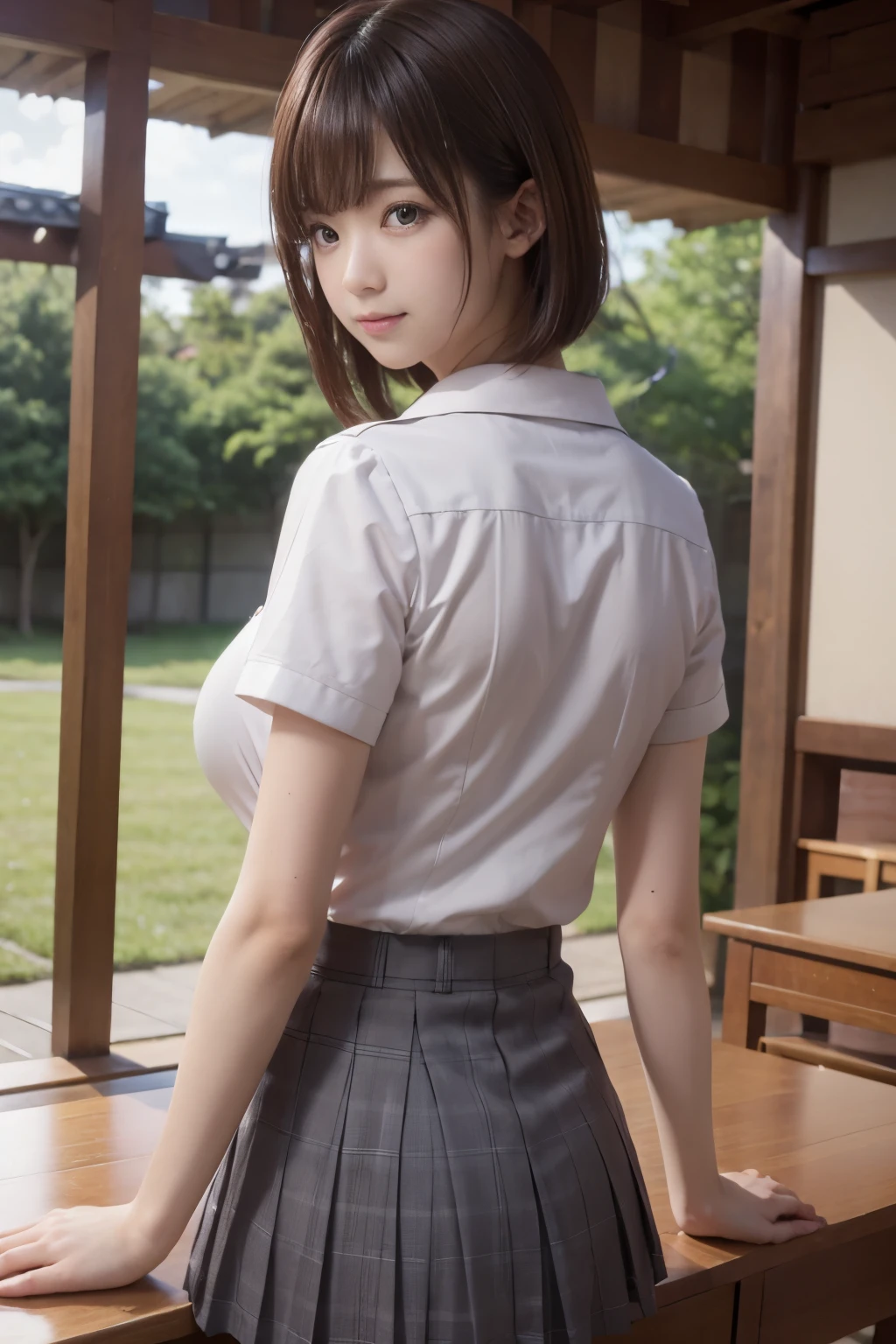 8K, RAW Photo, Best Quality, Masterpiece, Realistic, PhotoRealistic, Extremely Detailed 8k Wallpaper, Beautifully Detailed Eyes, Finely Detailed Face, 
 BREAK 
Professional Lighting, Rim Lighting, 
 BREAK 
in Onomichi, Outside, Summer, 
Perfectly Anatomically Correct:1.2, 5 Beautiful Thin Finger:1.2, 
 BREAK 
1 Girl, Going Back to Home, 
(Very Short Bob Hair:1.2, Symmetrical Clear Eyes:1.0, Captivating Eye Reflections:1.0, 
(Kawaii), [Japanese], Wide-Set Eyes, Big Eyes, tareme, (White Skinned), Embarrassed, Blush, 
(Round Face, Round Chin), Wet Hair, Messy Hair, [Pouted Cheek]), 
(One Hand Extending to the Viewer:1.4), 
Light Smiling, 
jk, Random School Uniforms, 
[[Showing off Buttocks:1.1, Medium ASS Upturned:1.1, Beautiful Ideal Spherical Shape Buttocks:1.1, Upward Facing Small Breasts, Skindantation:1.0, Curvy Thighs]], 
Looking Back Viewer, 
 BREAK 
SFW:1.0, 
 BREAK 
POV shot, Body Focus:1.0, from Bellow:1.2, from Behind:1.0, from Left Side:1.0, Bokeh:1.2
