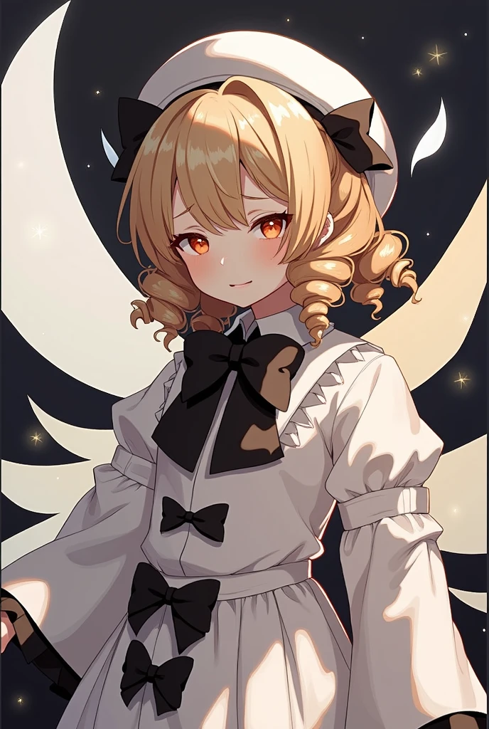 night, a girl, upper body, view from below, luna child, blonde hair, red eyes, short hair, drill hair, white headwear, white dress, black bowtie, black bow, long sleeves, wide sleeves, fairy wings, blush,