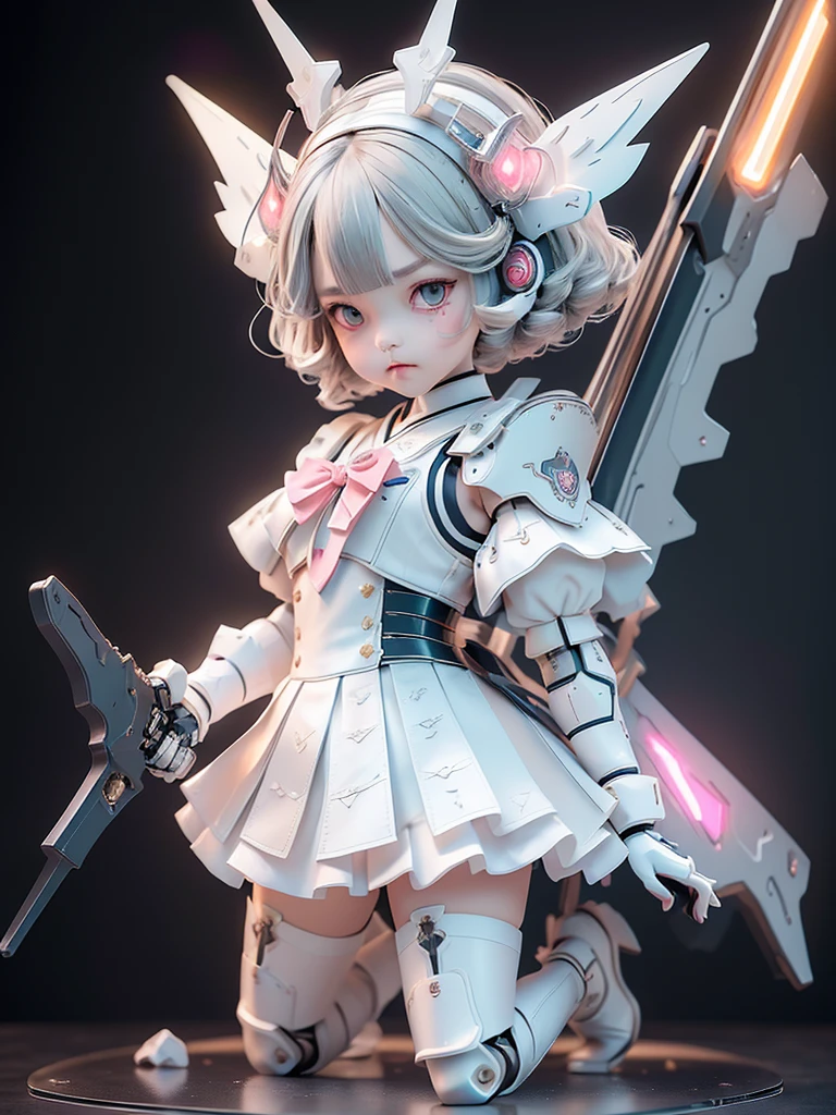 (highest quality)), ((masterpiece)), (very detailed: 1.3), 3d, {(japanese young girl)}, japanese girl wear gothic lolita clothes with white frills, (She is fused with futuristic Gundam mecha:1.2), with headgear, with v-fin , armored shoulders,armored under arms, armored under legs, multilayer textureperfect proportions, octane rendering, duotone lighting, Low ISO, wide aperture, White balance, Rule of thirds, ultra HD16k, HDR (High Dynamic Range), Ray Tracing, nvidia RTX, Super Resolution, Subsurface Scattering, PBR Texturing, Post Processing, Anisotropic Filtering, Depth of Field, Maximum Clarity and Clarity, High efficiency subpixel, subpixel convolution, particles of light, light scattered, Tyndall effect, full body:1.5, battle pose, cute, (cute:1.2), (bob cut:1.3),Braid, Black Hair, Thick eyebrows, Light-colored irises, Big, bright black eyes, Long eyelashes, Small, light-colored, natural lips, (Average face of Japanese idols), (The uniquely Japanese childlike face:1.3), (baby face), Wide forehead:1.2, Plump Cheeks, Small jaw, visible side boob, (holding a huge weapon:1.5), in the hangar,looking at viewer,Focus on the eyes , (Four perfect fingers, One thumb),