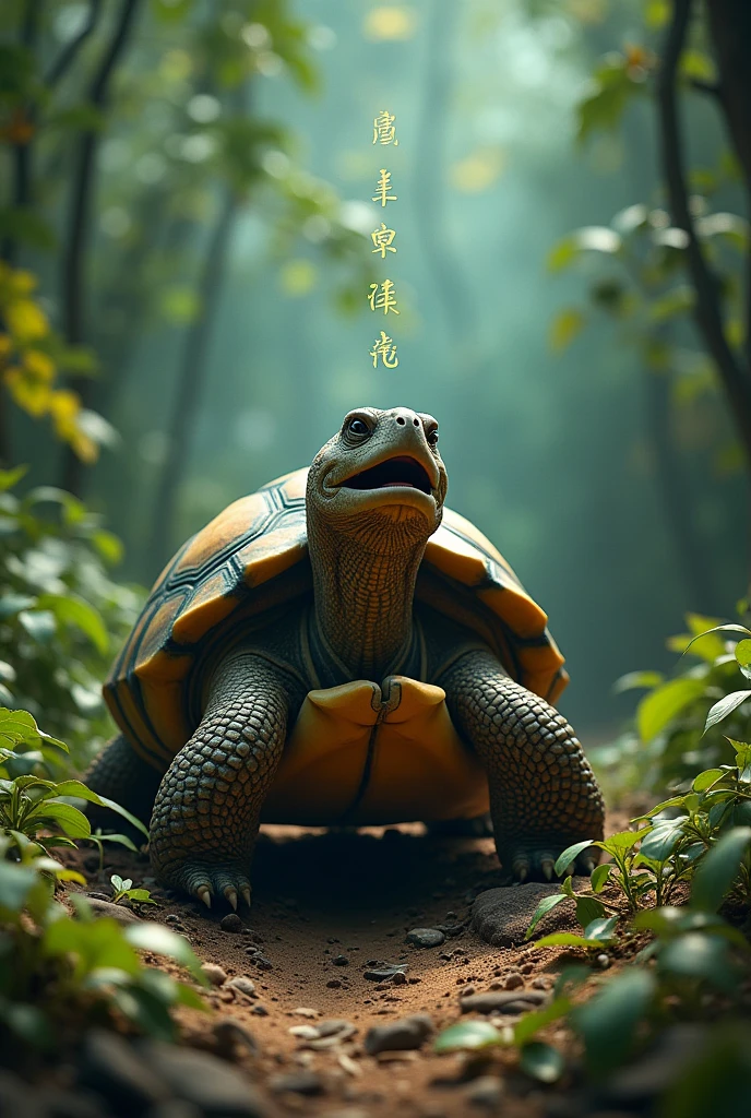 The chant was "Gwon Gwon Gwon Gwon," and it had to be sung in a specific rhythm and manner for the spirits to grant access to the YAM. Make this image on a vegetation and write the chant like as if the tortoise is saying it and the words"gwon gwon gwon gwon" is written above him. Make his mouth open