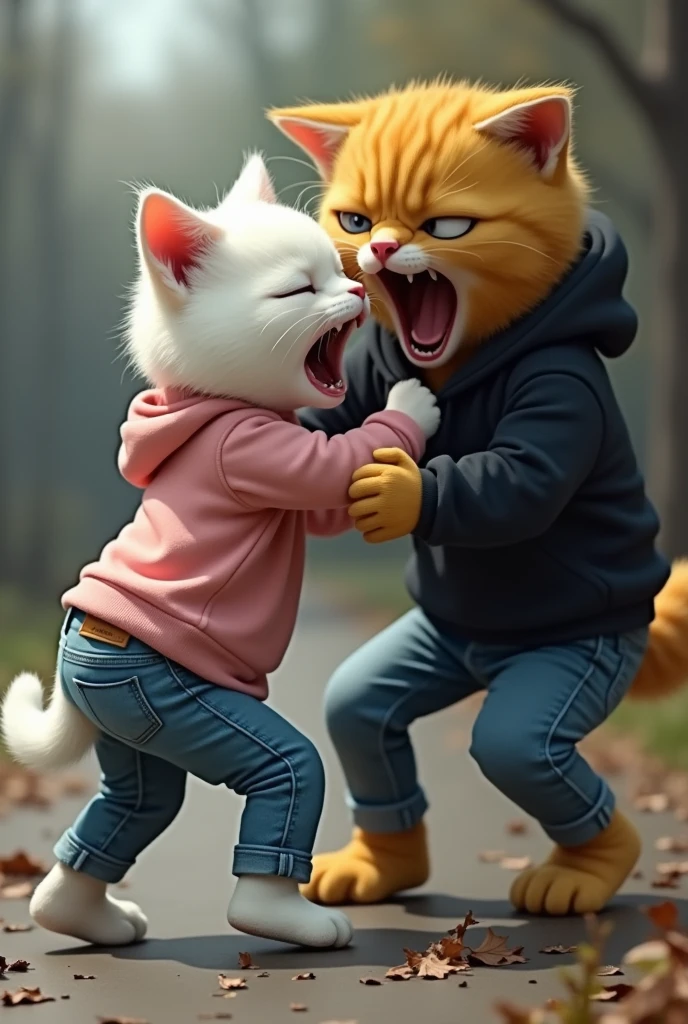 A weeping white cat dressed in pink top and blue jeans is kicked on face by a yellow cat dressed in black hoodie and blue jeans
