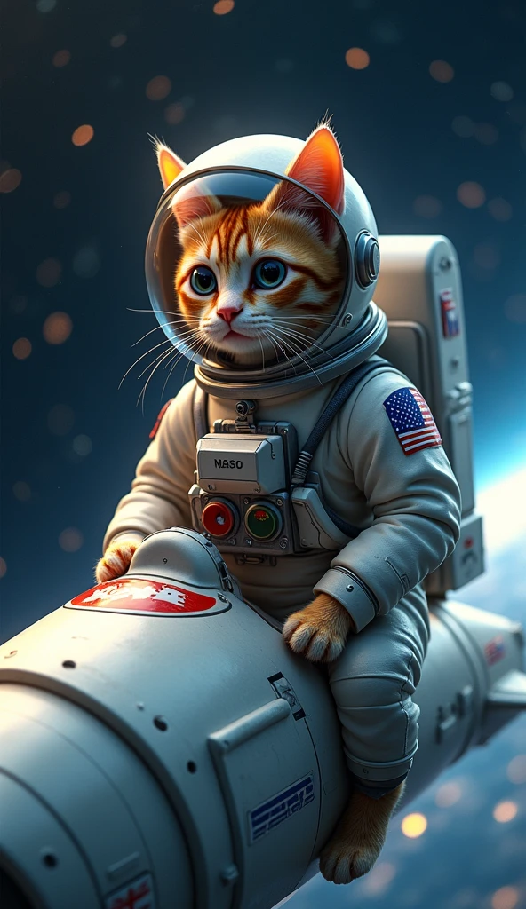 a highly detailed anthropomorphic cat astronaut (((riding on a sardine spaceship:1.5)) in deep space, There are many stars in space, The ship has two clearly visible eyes:1.2, the cat is wearing an astronaut helmet:1.3, the NASA logo is on the astronaut suitbeautiful detailed eyes, beautiful detailed lips, extremely detailed eyes and face, long eyelashes, intricate details, cinematic lighting, vibrant colors, dramatic atmosphere, epic sci-fi, photorealistic, 16k, best quality, masterpiece,