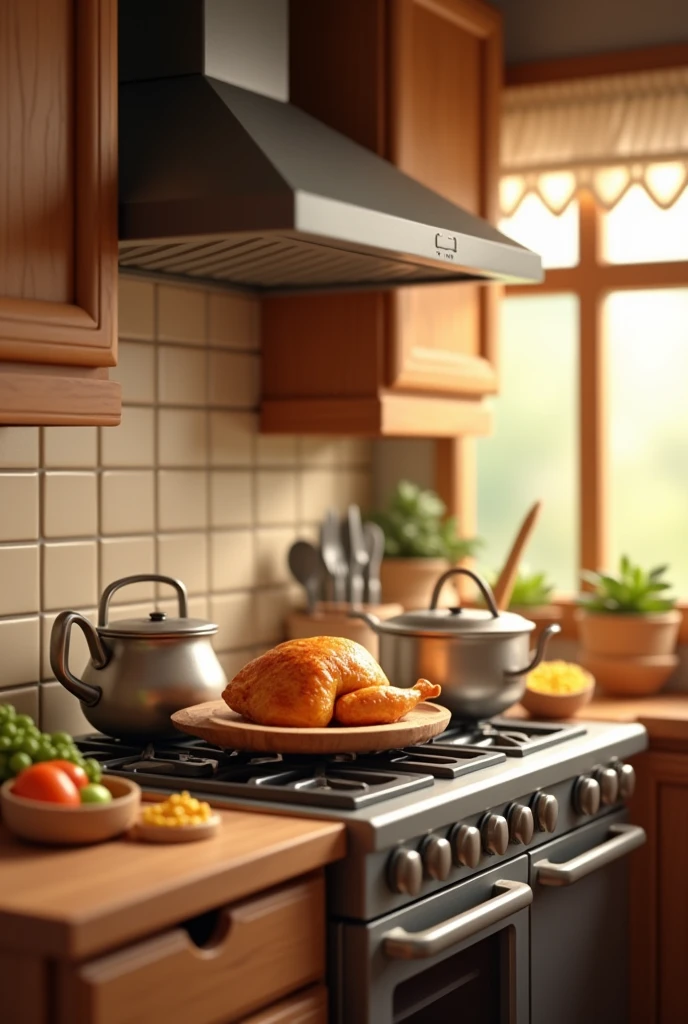 A beautiful little kitchen and little utensils on stove making chicken