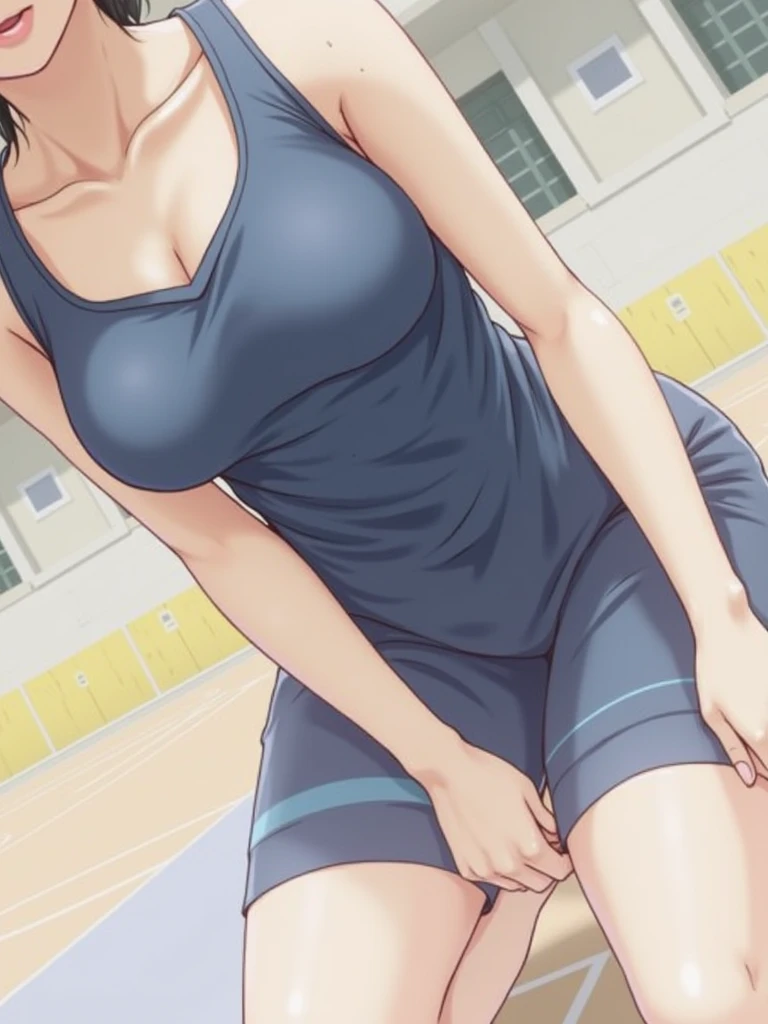 (masterpiece), best quality, expressive eyes, perfect face, gym, workout, hot, sweating, sweaty, tan, big boobs, tan skin, flustered, blush, purple clothes, see thru, yoga pants, black hair, curvy woman , black hair , straight hair, purple eyes, emberased, purple hair, purple eyes