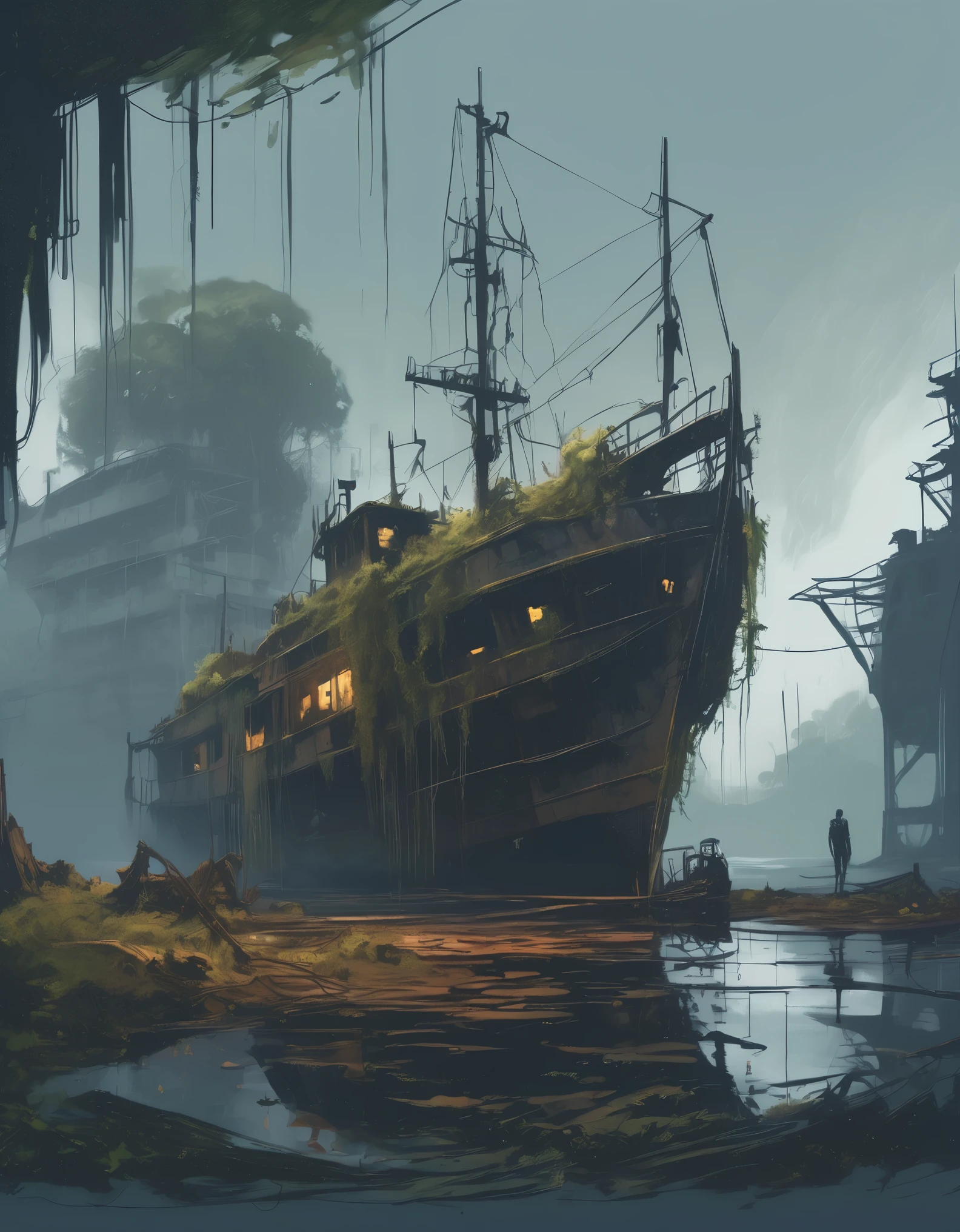 sketch, A hauntingly beautiful dystopian boatyard, overgrown with vines and moss, where a group of deer roam freely among the rusted shipwrecks, surrounded by intricately detailed trees with glowing leaves, in the style of Jacub Rozalski and Alex Andreev, with a mix of dark and moody colors, industrial elements, and a sense of post-apocalyptic mystery
 