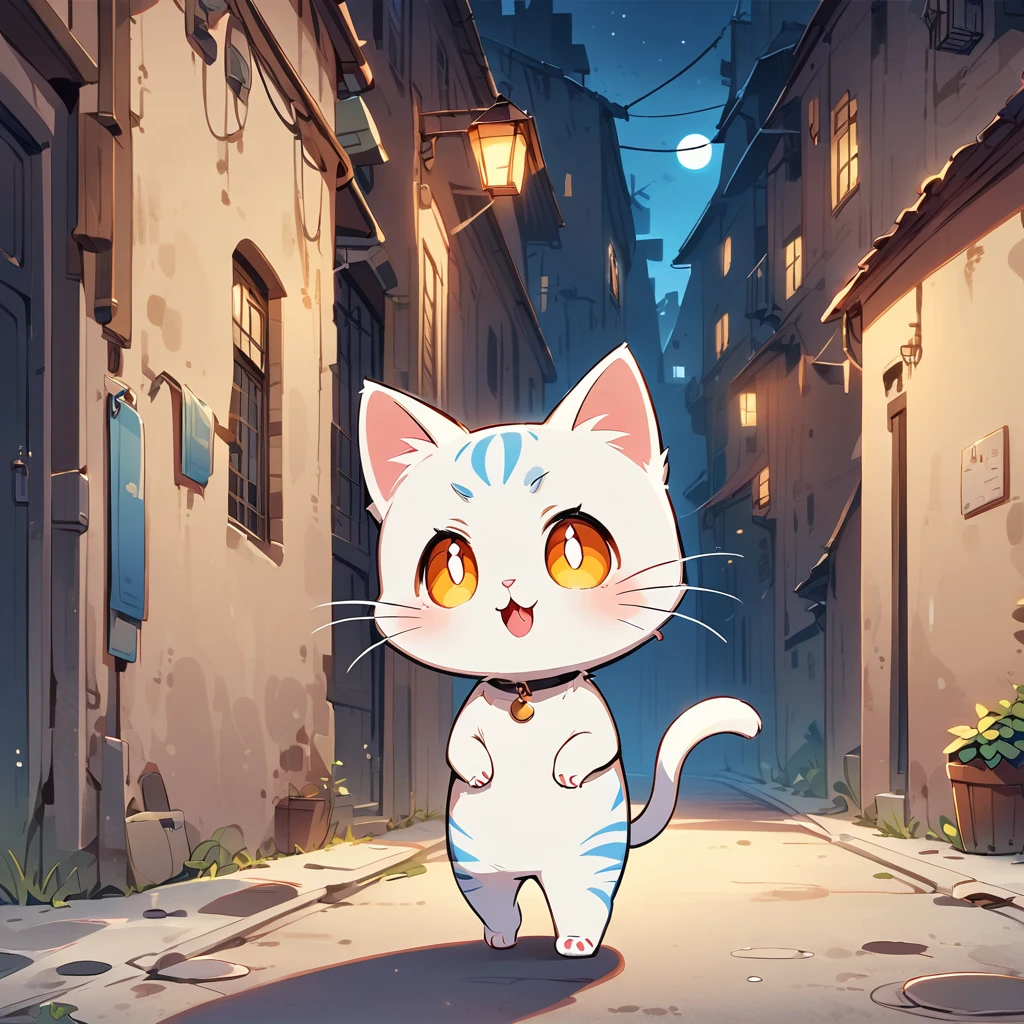 Little white kitten on street night time moonlight