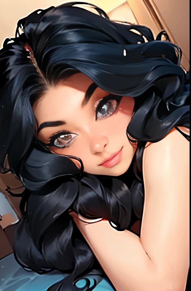 masterpiece, best quality, 1girl, solo, ((mature female)), round pupils, long hair, hair, princess, black dress, fantasy, happy, looking at viewer, cartoon, anime, (oil painting)