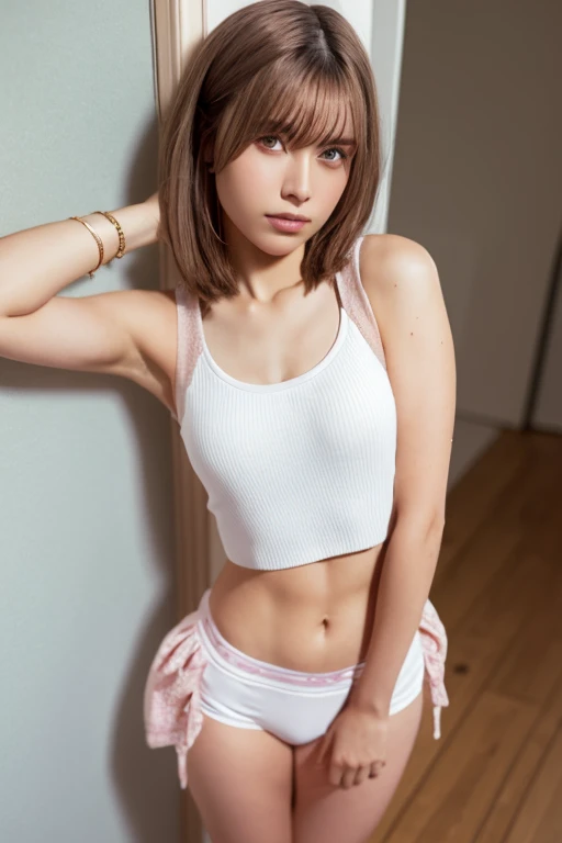 1girl, beautiful woman tank top jacket、Pink Panties, skinny, perfect body, defined abs, gold hair, standing in a white wall photography studio,  ultra-detailed face, beautiful eyes, beautiful lips, double eyelids, shy smile, trimmed bangs, sun-kissed skin, hint of pubic hair, (best quality, 8k, masterpiece:1.3), frontal and full-body shot, pussy line, front facing, open legs