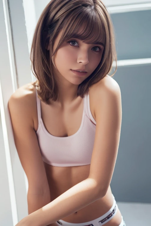 1girl, beautiful woman tank top jacket、Pink Panties, skinny, perfect body, defined abs, gold hair, standing in a white wall photography studio,  ultra-detailed face, beautiful eyes, beautiful lips, double eyelids, shy smile, trimmed bangs, sun-kissed skin, hint of pubic hair, (best quality, 8k, masterpiece:1.3), frontal and full-body shot, pussy line, front facing, open legs