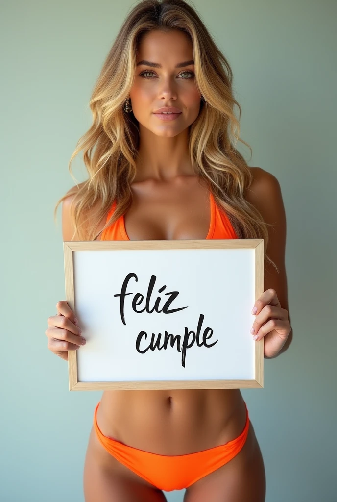 Beautiful girl with wavy long blond hair, Ana de Armas face, sport bikini, muscular, holding a white board with text "feliz cumple" and showing it to the viewer