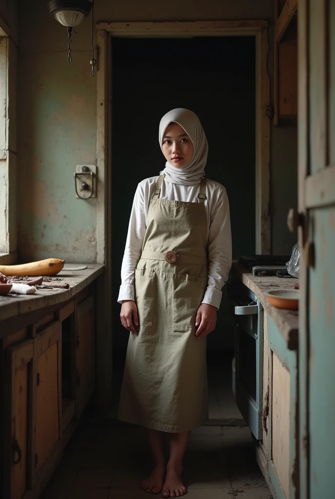 a malay girl, wearing a hijab, in the kitchen of a bad and poor wooden house, the girl is cute hot, the girl wears an apron but is naked