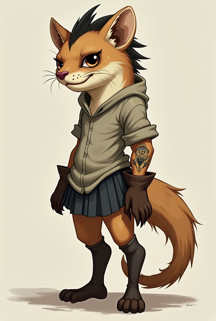 ferret shark male monster tan fur with no stripes black short hair brown almost rectangular face a bit of tatoos dark orange eyes dark small brown ears with a light brown fluffy tip tail with brown stripes wearing a baggy shirt, thigh highs a skirt and short brown gloves