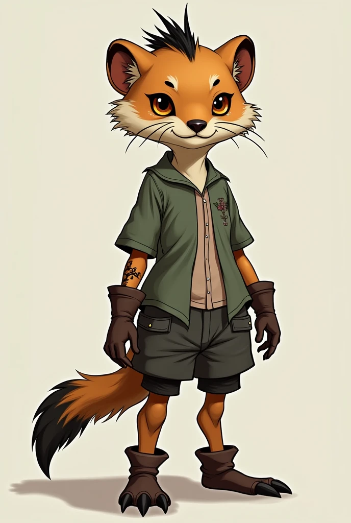 ferret shark male monster tan fur with no stripes black short hair brown almost rectangular face a bit of tatoos dark orange eyes dark small brown ears with a light brown fluffy tip tail with brown stripes wearing a baggy shirt, thigh highs a skirt and short brown gloves