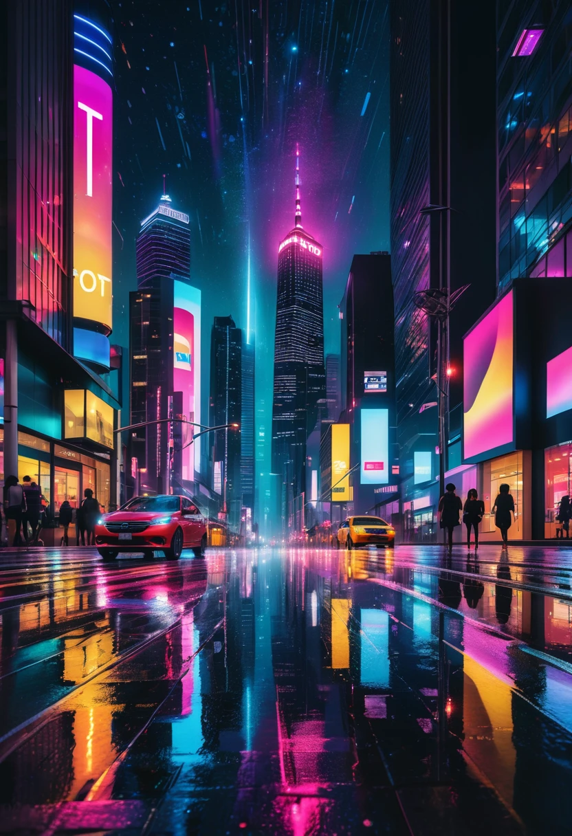 Generate an image of a modern city at night with illuminated skyscrapers, colorful lights reflecting on wet streets, and a starry night sky. Include details like passing cars and people walking, creating a vibrant, lively atmosphere, ideal for a TikTok status photo.