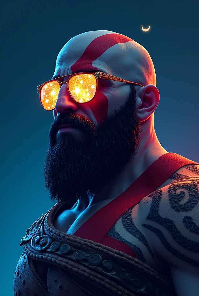 God of War Kratos,Wearing glass sunglasses,There are stars and moon on the glass, Dark sky blue and light style, Minimalist pen line,god of war, Use of precious materials, Vibrant colors, Fascinating, flash