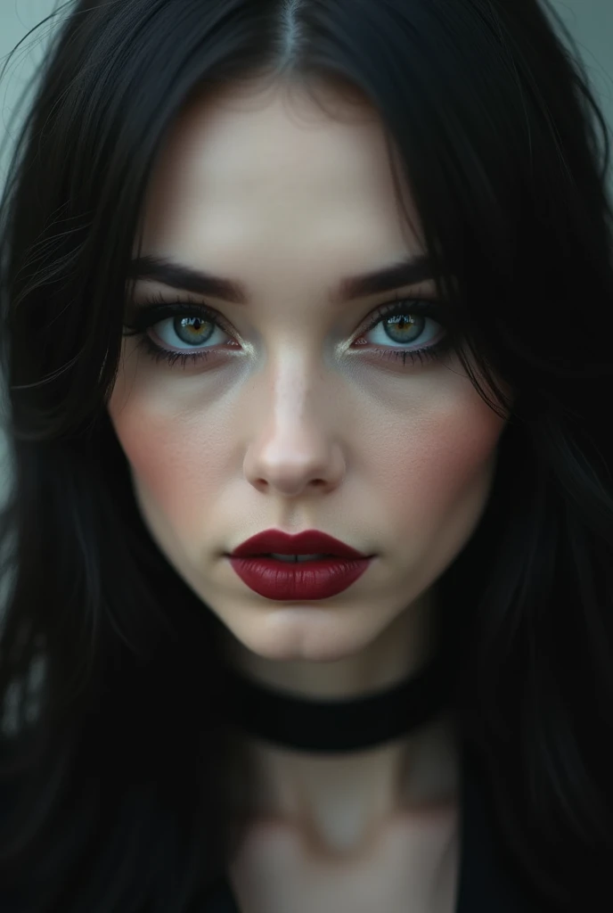 Design a close-up of a stunning woman with strikingly symmetrical features and deep, soulful eyes. Her skin is flawlessly smooth, but there's something odd about her; her eyes are pure black, without whites or irises. Her lips are full and a deep red, contrasting with her pale complexion. The atmosphere should be dark and moody, with a hint of gothic elegance."