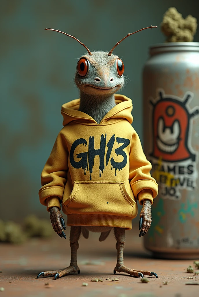 Create a cricket with a sweatshirt on that says GRIYO in graffiti letters in the middle of the sweatshirt and on one of its ends a graffiti can and smoking marijuana