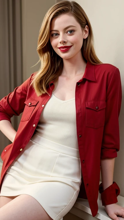 Gillian Jacobs wearing sexy modern style clothes with lipstick and smiling
