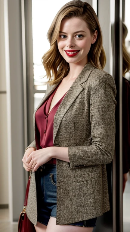Gillian Jacobs wearing sexy modern style clothes with lipstick and smiling
