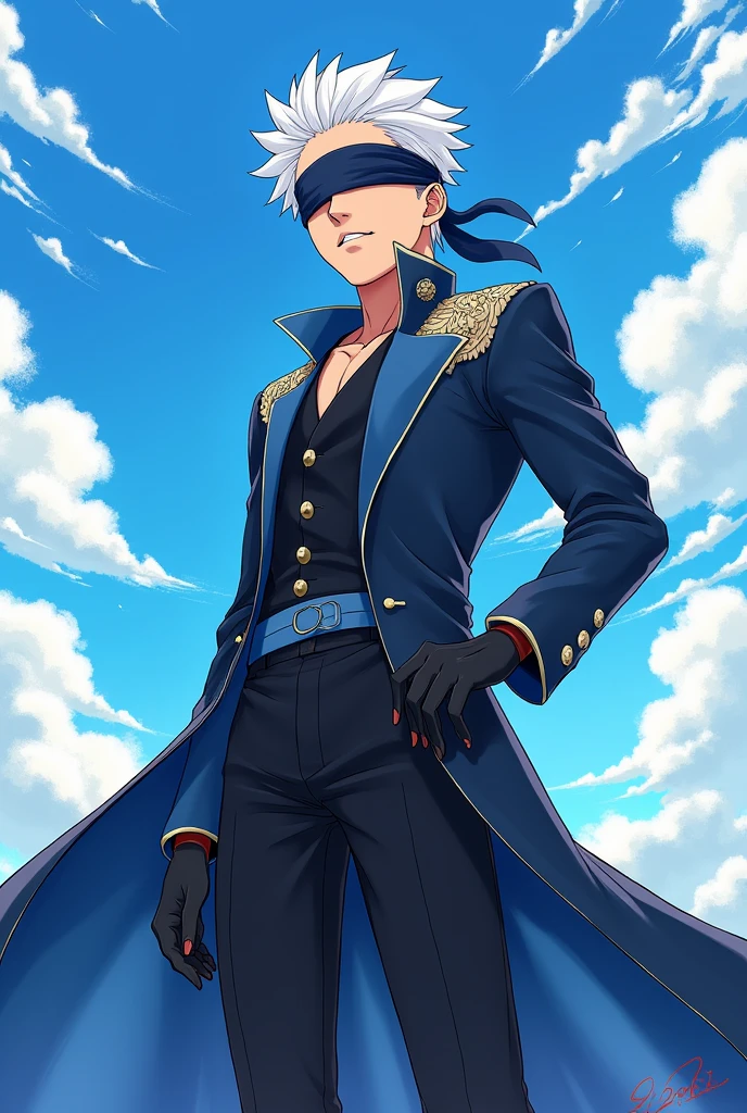anime, 1 man, gojo satoru, juju kaisen, use bright blue sky with clouds as background.