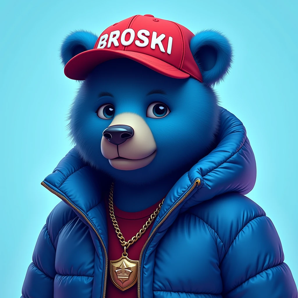 blue bear , light blue background , edgy , portrait , noble , red hat broski , capital letter BROSKİ on your hat , blue puffer jacket