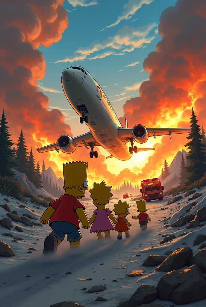 Create an image of the Simpsons exiting a burning plane that crashed in 2024