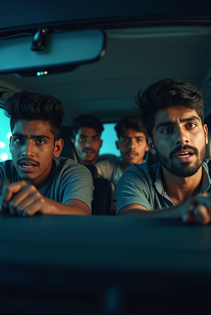 Four indian young man scared in a car