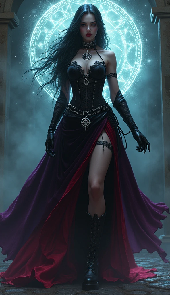 a tall emo super pale sith with red lightsaber gothic angry woman in witch hat, black velvets, lace, fishnets and leather tinged with scarlet or purple, accessorized with tightly laced corsets, gloves, platform boots and silver jewellery depicting occult themes, flowing cape, wicked smile, evil smirk, with swagger with glowing hex circle magic infusion design , depicting occult themes,