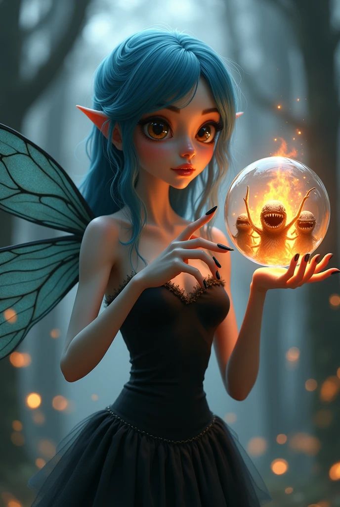 Animation of a slim woman with fine features, white skin, blue hair, and fairy wings, eyes with heavy black shadow, Thin slim hands with long witch nails pointing at a bubble which contains a scene of small monsters with sharp teeth, white eyes without pupils and a black body