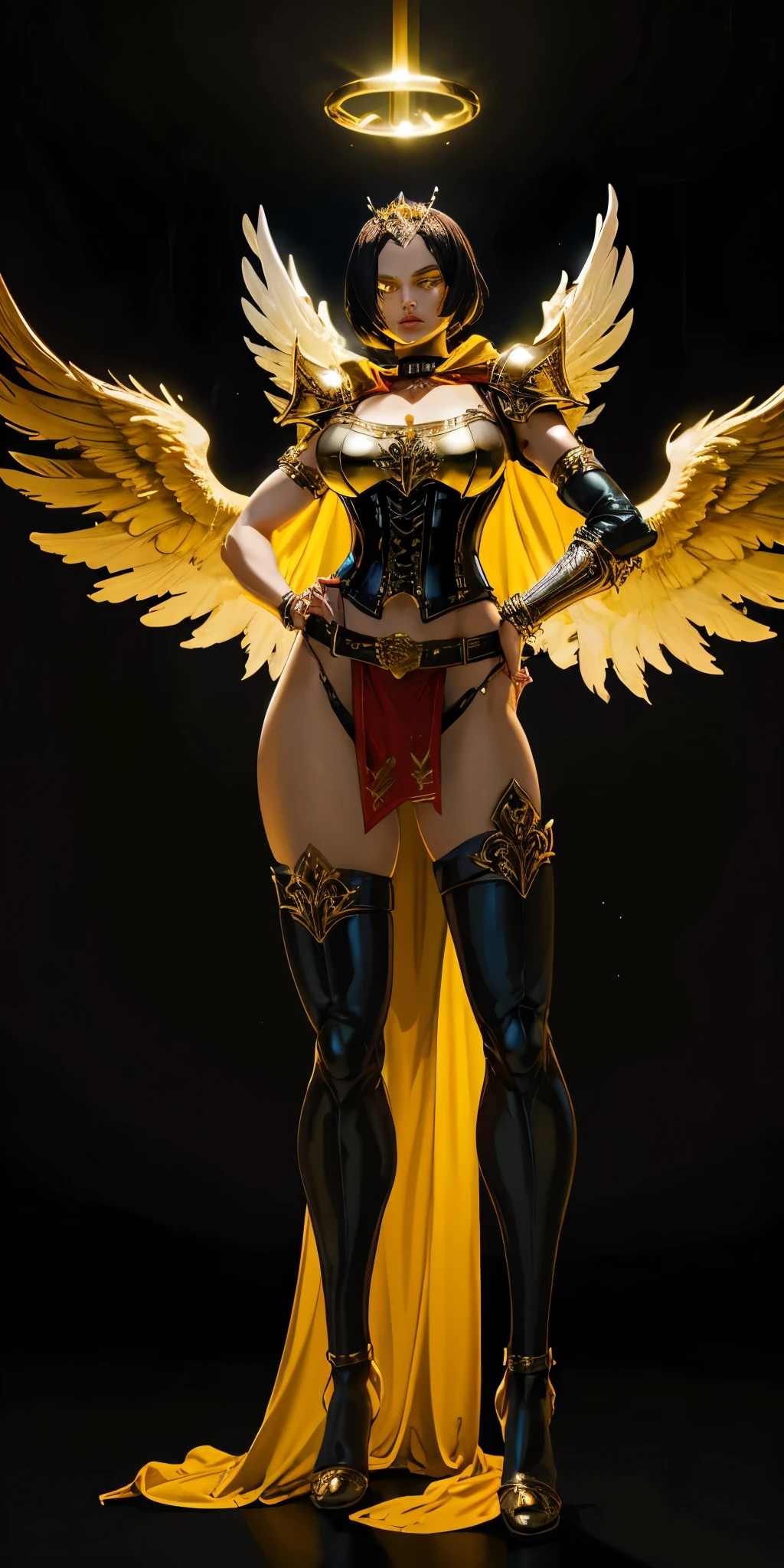 (Black background) paladin lady in ornate golden armor, black collar, pauldrons, breastplate, leather corset, glowing halo, short bob hair style, yellow glowing eyes, bright pupils, eye focus, red cape (full body, whole body, 1solo girl) slave fighter, loincloth standing, hands on hips, metal sandals, leather choker, big belt, view from below, feet together, bracers, tiara) feathers angel wings