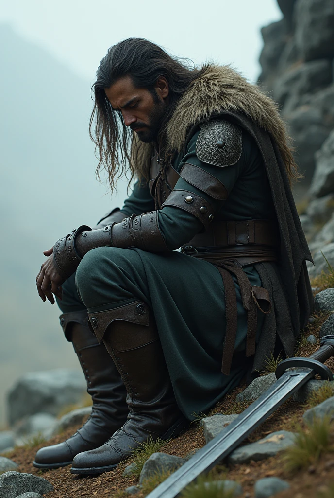 A long-haired soldier is sitting on a stone, repenting after killing many people with his sword.