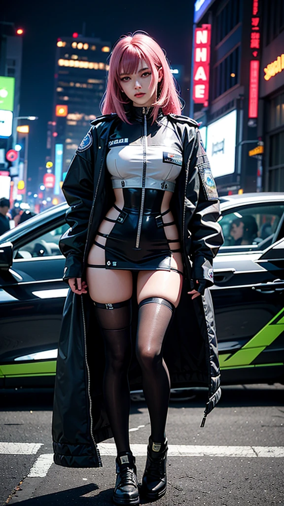 ((best quality)), ((masterpiece)), (detailed), 1girl, 8k_wallpaper, extremely detailed eyes, (large masterpiece digital art), (intricate details:1.3 ), (ultra-detailed:1.3), (sharp focus:1.3), (natural lighting:1.05), (vivid colors:1.3), (best quality:1.4), high quality, expressive eyes, full body, detailed face, beautiful face, perfect face, ((blonde hair)), (gold eyes), {{dark skin}}, ({dark skinned female}), big breasts, huge chest, outlines of nipples under clothing, powerful strong and prominent muscles of the abdomen and legs, powerful arm muscles, a hard serious look, a predatory half-smile, dressed in an open black coat thrown over a transparent thin blouse, a US Army military badge hanging between her breasts in the cleavage, black leather mini shorts, short Victorian-style boots with a steel platform and long heels, standing near a sports motorcycle on background of a night city in cyberpunk style,