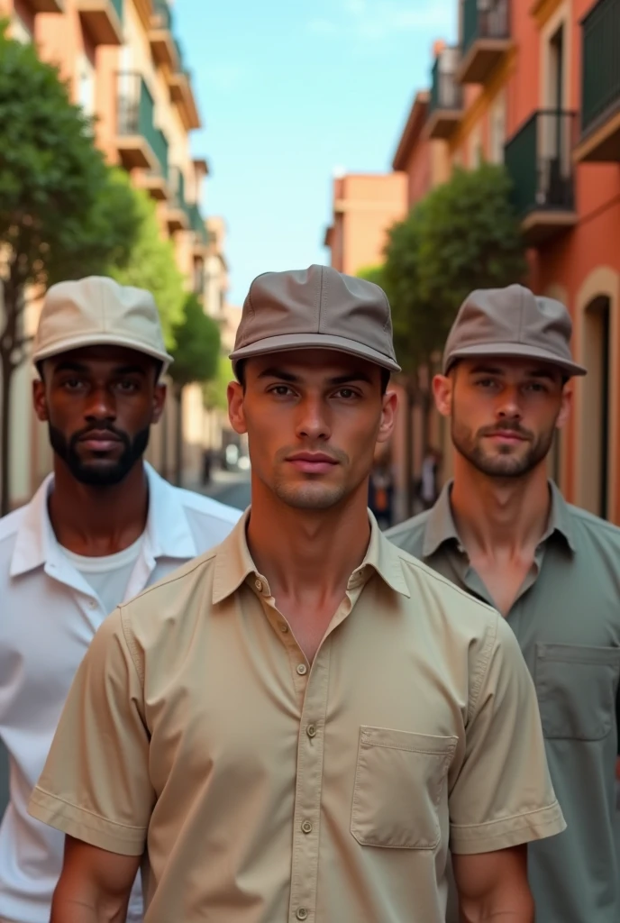 Image from a photo shoot for a cap brand, I want a 3 man with a light beige cap and a chocolate brown visor, flat style on an avenue in Spain