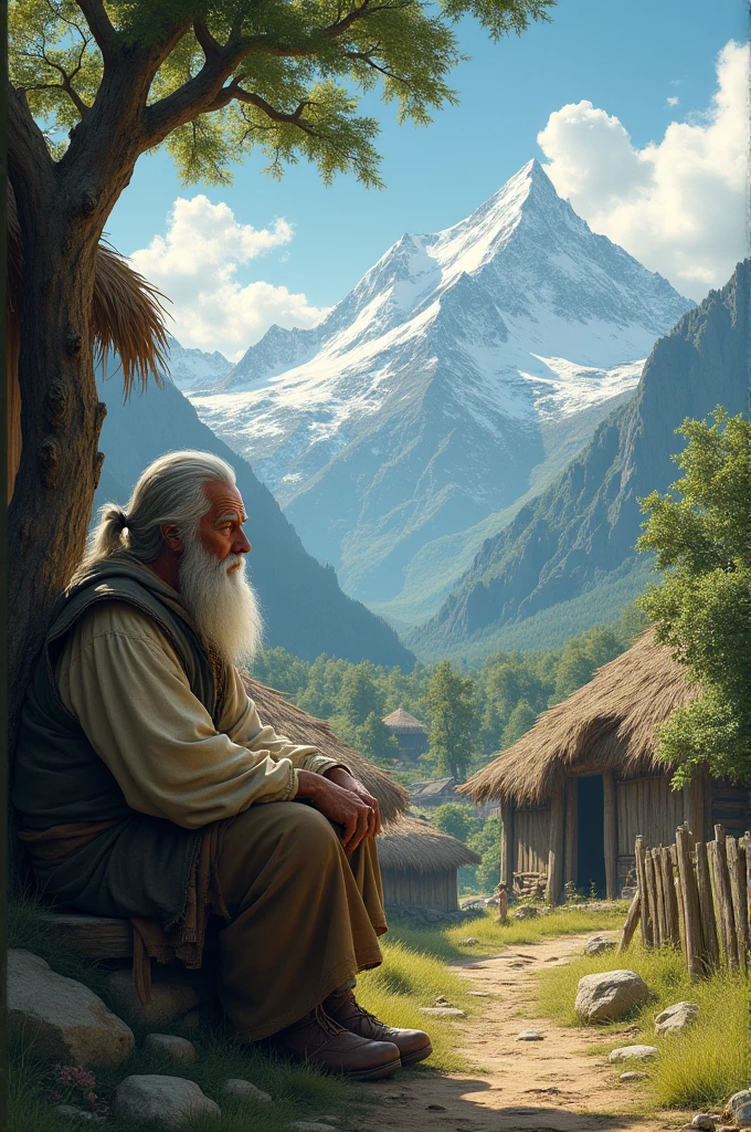 Imagine a village with old hut and trees around them and mountains behind. An old wise man with long beard in front of his hut living