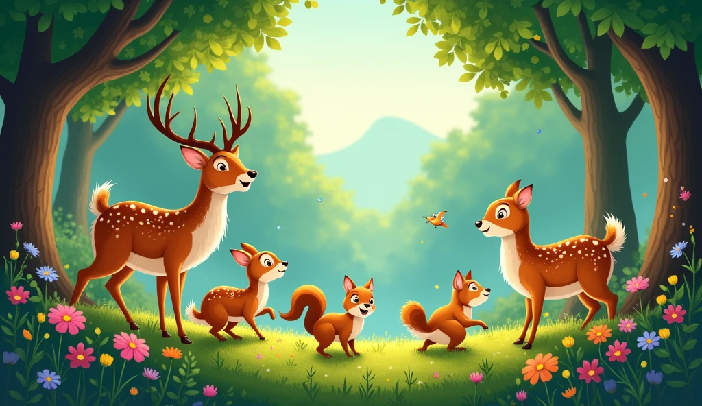 There is a very beautiful forest. There are many animals in the forest and the animals are very happy