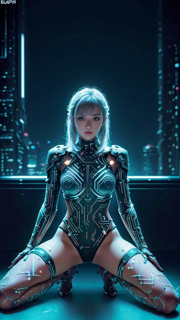 ((highest quality)), (masterpiece)), (detailed:1.4), 3D, beautiful cyberpunk woman image、(european:2)、(Skin exposed:1.3)、Battle Jacket、cute、(detailedな顔:1.5)、silver hair、HDR,ray tracing,NVIDIA RTX,super resolution,unreal 5,Scattered beneath the surface,PBR texturing,Post-processing,anisotropic filtering,Depth of bounds written, maximum clarity and sharpness, multilayer texture, Albedo and specular maps, surface shading, Accurate simulation of light-matter interactions, perfect proportions, octane rendering, two-tone lighting, wide aperture, Low ISO, White balance, Rule of thirds, 8K students, (Circuit Board AI:1.2)、(bare legs)、(spread your legs:1.5)all white ,8k,ultrarealistic,neon lights