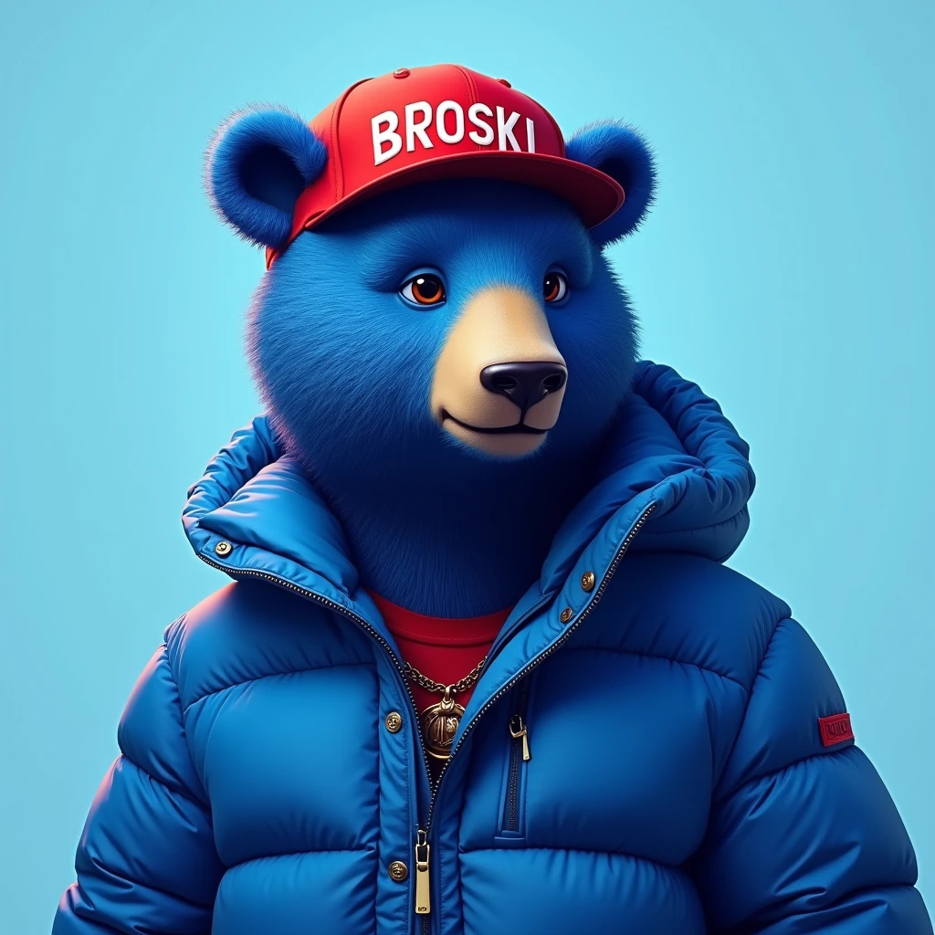 blue bear , light blue background , edgy , portrait , noble , red hat broski , capital letter BROSKİ on your hat , blue puffer jacket