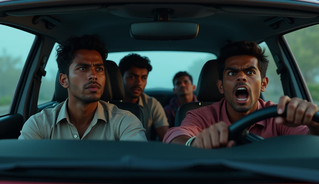 Four indian young man scared in a car