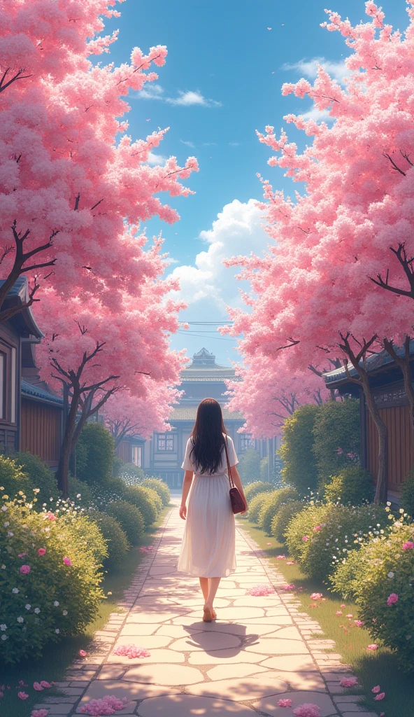 a picturesque scene capturing a young woman walking down a charming, flower-lined pathway, surrounded by blooming cherry blossom trees. The woman, dressed in a flowing white dress, has long, dark hair cascading down her back and carries a small bag over her shoulder. The pathway is illuminated by soft, golden sunlight filtering through the vibrant pink blossoms, creating a magical atmosphere. The background features quaint buildings, partially obscured by the lush foliage, enhancing the sense of depth and tranquility. The sky is a brilliant blue, dotted with wispy clouds, adding to the serene and dreamlike quality of the scene. The overall color palette is rich in pastels, evoking feelings of warmth and nostalgia, while the composition draws the viewer into this enchanting moment of exploration and beauty.