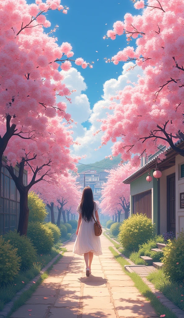a picturesque scene capturing a young woman walking down a charming, flower-lined pathway, surrounded by blooming cherry blossom trees. The woman, dressed in a flowing white dress, has long, dark hair cascading down her back and carries a small bag over her shoulder. The pathway is illuminated by soft, golden sunlight filtering through the vibrant pink blossoms, creating a magical atmosphere. The background features quaint buildings, partially obscured by the lush foliage, enhancing the sense of depth and tranquility. The sky is a brilliant blue, dotted with wispy clouds, adding to the serene and dreamlike quality of the scene. The overall color palette is rich in pastels, evoking feelings of warmth and nostalgia, while the composition draws the viewer into this enchanting moment of exploration and beauty.