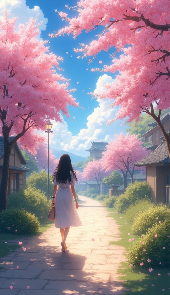 a picturesque scene capturing a young woman walking down a charming, flower-lined pathway, surrounded by blooming cherry blossom trees. The woman, dressed in a flowing white dress, has long, dark hair cascading down her back and carries a small bag over her shoulder. The pathway is illuminated by soft, golden sunlight filtering through the vibrant pink blossoms, creating a magical atmosphere. The background features quaint buildings, partially obscured by the lush foliage, enhancing the sense of depth and tranquility. The sky is a brilliant blue, dotted with wispy clouds, adding to the serene and dreamlike quality of the scene. The overall color palette is rich in pastels, evoking feelings of warmth and nostalgia, while the composition draws the viewer into this enchanting moment of exploration and beauty.