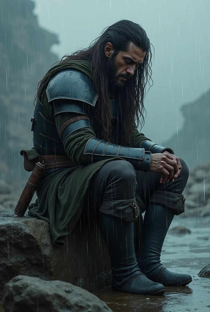 A long-haired soldier is sitting on a stone, regreting after killing many people with his sword.rainy weather 