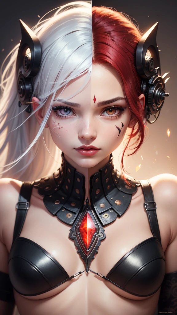 Digital art, real photo, female alien face, split frame, left, skin and gem fractal tattoo on one side of face, red hair. On the right, on the other side of the face, a steampunk style mechanism, white hair, high detail, professional photo, high resolution 64k. Сomputer graphics, metamorphosis, cleavage, bright lipstick, long eyelashes, realism, attention to detail, contemporary art