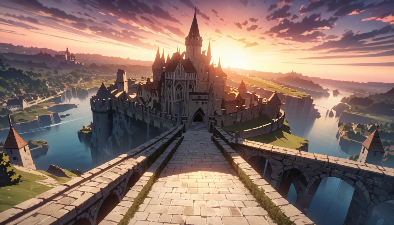  anime aestetics, anime scenery, digital painting, medieval castle standing on the top of the standing on the huge stone pillars island, a lot of little dragons flying around the castle, dark souls 2 aestetics, cloudy weather, sunset, calm atmosphere, beautiful architecture, wide shot, perspective, atmospheric perspective, vanishing point, 8k, highres, best quality, award winning, super detail, masterpiece, UHD