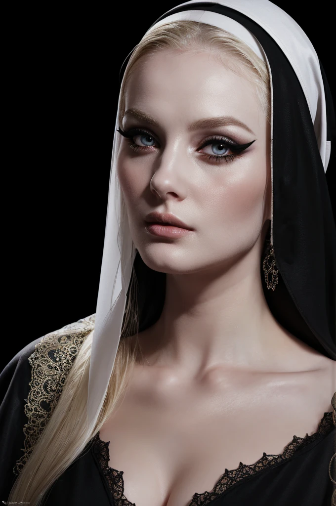 woman pretty, blonde, slicked back ,black nun veil, blonde hair , big breast,, pale skin , wearing italian dress, eyeliner ,foxy eyeliner , makeup ,pale woman painting, beautiful light deep focus, elegant, digital painting, smooth, dramatic lighting , 8k, art , black background,black background, black wallpaper