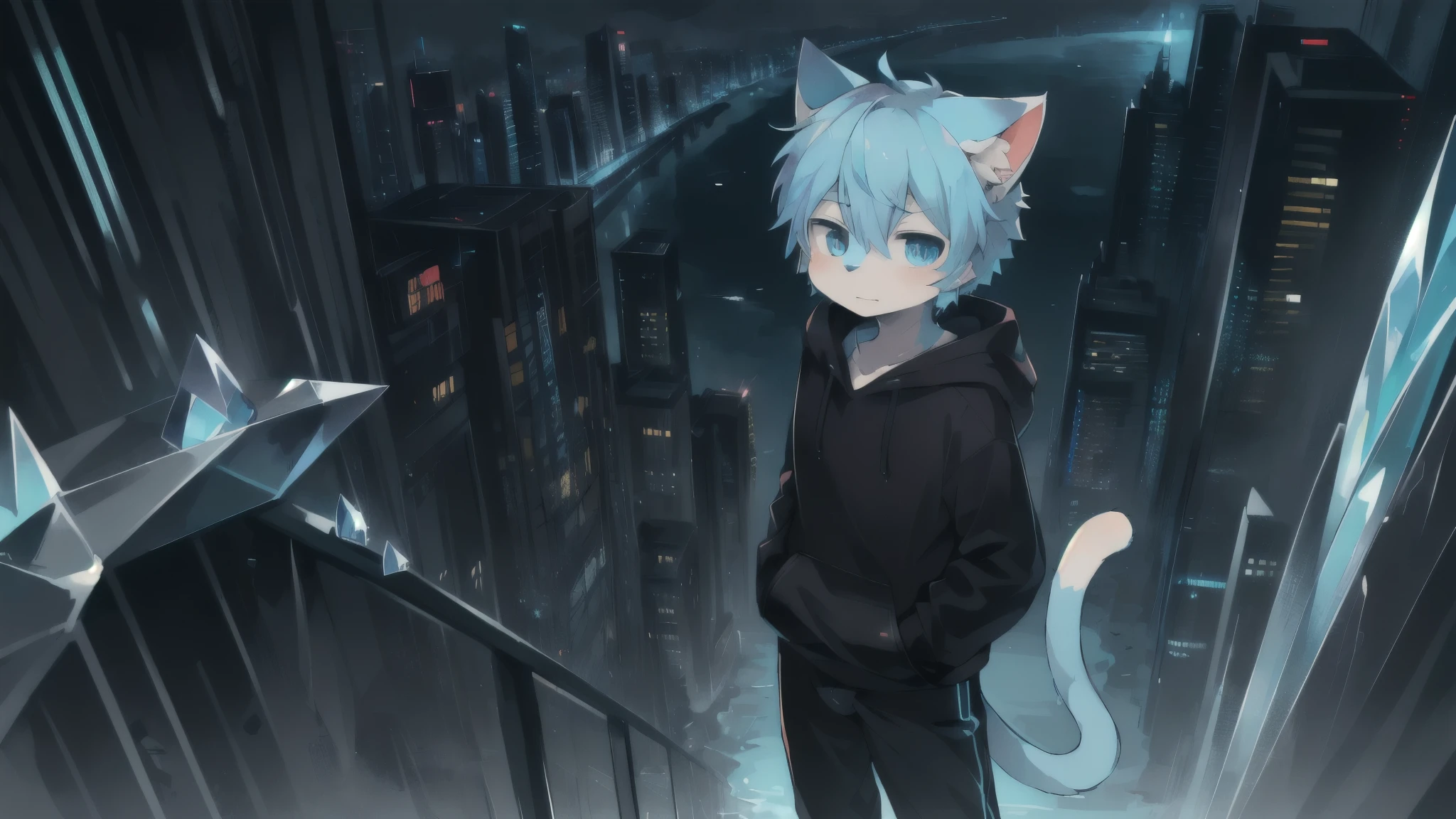 Masterpiece, detailed eyes, (shaded), (detailed lighting), (cinematic lighting), high resolution, high details, best quality), high definition, ((Kemono, solo, cat, male, shota, white and blue hair, blue eyes, crystal eyes, wear black hoodie, wear black boxer, tail)), cyberpunk style, cyberpunk, (no smiling, look at viewers, standing near fence wall), standing on tall building, river background, river, night time, sci-fi, futuristic, bird view of fov